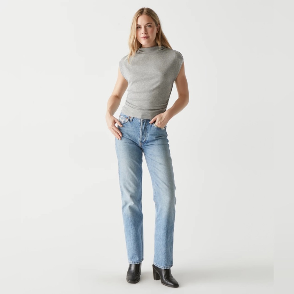 NWOT Michael Stars Amara Mock Neck Powershoulder Ultra Rib Heather Gray Size M